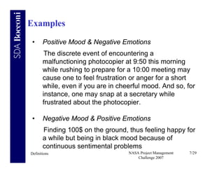 Examples

 •     Positive Mood & Negative Emotions
        The discrete event of encountering a
       malfunctioning photocopier at 9:50 this morning
       while rushing to prepare for a 10:00 meeting may
       cause one to feel frustration or anger for a short
       while, even if you are in cheerful mood. And so, for
       instance, one may snap at a secretary while
       frustrated about the photocopier.

 •     Negative Mood & Positive Emotions
       Finding 100$ on the ground, thus feeling happy for
       a while but being in black mood because of
       continuous sentimental problems
Definitions                         NASA Project Management   7/29
                                        Challenge 2007
 