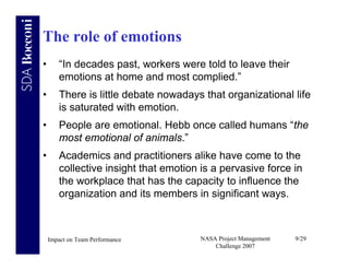 The role of emotions
•      “In decades past, workers were told to leave their
       emotions at home and most complied.”
•      There is little debate nowadays that organizational life
       is saturated with emotion.
•      People are emotional. Hebb once called humans “the
       most emotional of animals.”
•      Academics and practitioners alike have come to the
       collective insight that emotion is a pervasive force in
       the workplace that has the capacity to influence the
       organization and its members in significant ways.



    Impact on Team Performance        NASA Project Management   9/29
                                          Challenge 2007
 