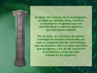 Al hablar del sustento de la investigación, se habla de aquellas ideas, hechos o conocimiento en general que nos permite llevar a cabo los objetivos que nos hemos trazado. Por lo tanto, las columnas de nuestra investigación estarán constituidas por todo el conglomerado de conocimiento que necesitamos sobre el tema específico que escogimos, a fin de dar resolución al problema a través del plan trazado en los objetivos. 