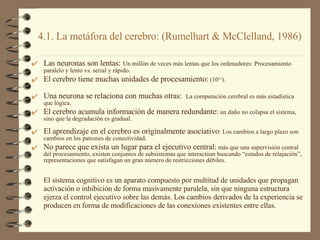4.1. La metáfora del cerebro: (Rumelhart & McClelland, 1986) Las neuronas son lentas:   Un millón de veces más lentas que los ordenadores: Procesamiento paralelo y lento vs. serial y rápido. El cerebro tiene muchas unidades de procesamiento:  (10 11 ). Una neurona se relaciona con muchas otras:  La computación cerebral es más estadística que lógica. El cerebro acumula información de manera redundante:  un daño no colapsa el sistema, sino que la degradación es gradual. El aprendizaje en el cerebro es originalmente asociativo : Los cambios a largo plazo son cambios en los patrones de conectividad. No parece que exista un lugar para el ejecutivo central:  más que una supervisión central del procesamiento, existen conjuntos de subsistemas que interactúan buscando “estados de relajación”, representaciones que satisfagan un gran número de restricciones débiles. El sistema cognitivo es un aparato compuesto por multitud de unidades que propagan activación o inhibición de forma masivamente paralela, sin que ninguna estructura ejerza el control ejecutivo sobre las demás. Los cambios derivados de la experiencia se producen en forma de modificaciones de las conexiones existentes entre ellas. 