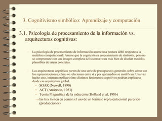 3.1. Psicología de procesamiento de la información vs. arquitecturas cognitivas: La psicología de procesamiento de información asume una postura débil respecto a la metáfora computacional: Asume que la cognición es procesamiento de símbolos, pero no se compromete con una imagen completa del sistema: trata más bien de diseñar modelos plausibles de tareas concretas. Las arquitecturas cognitivas parten de una serie de presupuestos generales sobre cómo son las representaciones, cómo se relacionan entre sí y por qué medios se modifican. Una vez hecho esto, intentan explicar cómo distintos fenómenos cognitivos podrían explicarse desde esa arquitectura global. SOAR (Newell, 1990) ACT (Anderson, 1983) Teoría Pragmática de la inducción (Holland et al, 1986) las tres tienen en común el uso de un formato representacional parecido (producciones) 3. Cognitivismo simbólico: Aprendizaje y computación 