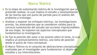Marco Teórico
 Es la etapa de sustentación teórica de la investigación que se
pretende realizar, la cual implica el estud...