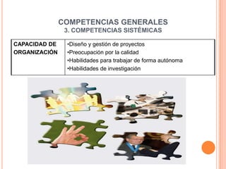 COMPETENCIAS GENERALES
                3. COMPETENCIAS SISTÉMICAS

CAPACIDAD DE    •Diseño y gestión de proyectos
ORGANIZA...
