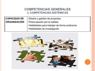 COMPETENCIAS GENERALES
                3. COMPETENCIAS SISTÉMICAS

CAPACIDAD DE    •Diseño y gestión de proyectos
ORGANIZACIÓN    •Preocupación por la calidad
                •Habilidades para trabajar de forma autónoma
                •Habilidades de investigación
 