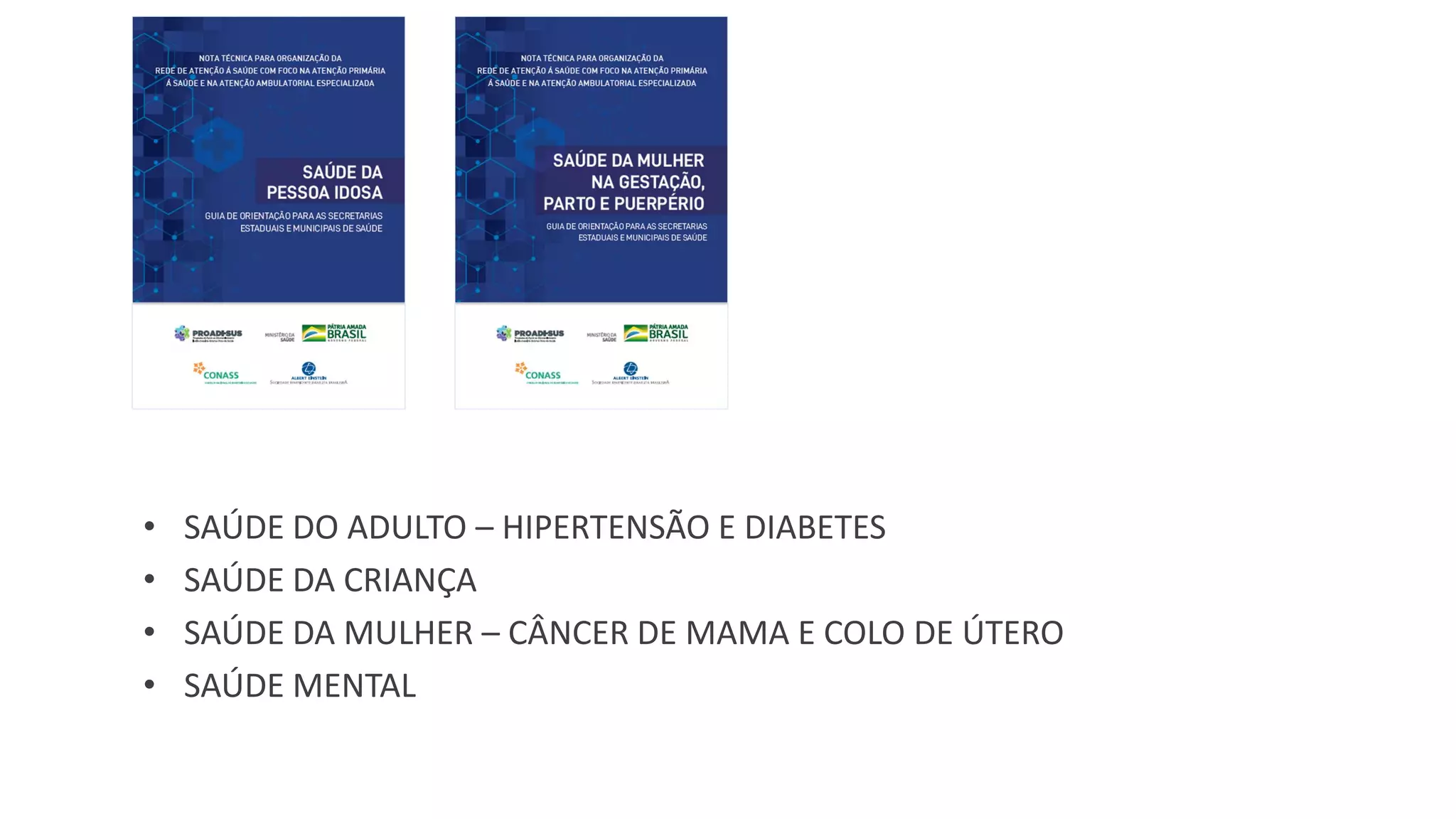 • SAÚDE DO ADULTO – HIPERTENSÃO E DIABETES
• SAÚDE DA CRIANÇA
• SAÚDE DA MULHER – CÂNCER DE MAMA E COLO DE ÚTERO
• SAÚDE MENTAL