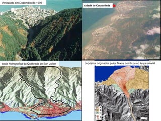 Venezuela em Dezembro de 1999
cidade de Caraballeda
bacia hidrográfica da Quebrada de San Julian depósitos originados pelos fluxos detríticos no leque aluvial
 