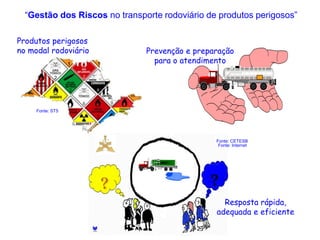 Fonte: ST5
Produtos perigosos
no modal rodoviário Prevenção e preparação
para o atendimento
Resposta rápida,
adequada e eficiente
Fonte: Internet
Fonte: CETESB
“Gestão dos Riscos no transporte rodoviário de produtos perigosos”
 