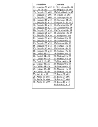 Setembro Outubro
01- Jeremias 51 a 52 01- Ob 01 e Jonas 01 a 04
02- Lm 01 a 05 02- Miquéias 01 a 04
03- Ezequiel 01 a 03 03- Miquéias 05 a 07
04- Ezequiel 04 a 06 04- Naum 01 a 03
05- Ezequiel 07 a 09 05- Habacuque 01 a 03
06- Ezequiel 10 a 12 06- Sofonias 01 a 03
07- Ezequiel 13 a 15 07-Ag 1e 2 - Zc 1 e 2
08- Ezequiel 16 a 18 08- Zacarias 03 a 05
09- Ezequiel 19 a 21 09- Zacarias 06 a 08
10- Ezequiel 22 a 24 10- Zacarias 09 a 11
11- Ezequiel 25 a 27 11- Zacarias 12 a 14
12- Ezequiel 28 a 30 12- Malaquias 01 a 04
13- Ezequiel 31 a 33 13- Mateus 01 a 04
14- Ezequiel 34 a 36 14- Mateus 05 a 07
15- Ezequiel 37 a 39 15- Mateus 08 a 10
16- Ezequiel 40 a 42 16- Mateus 11 a 13
17- Ezequiel 43 a 45 17- Mateus 14 a 16
18- Ezequiel 46 a 48 18- Mateus 17 a 19
19- Daniel 01 a 03 19- Mateus 20 a 22
20- Daniel 04 a 06 20- Mateus 23 a 25
21- Daniel 07 a 09 21- Mateus 26 a 28
22- Daniel 10 a 12 22- Marcos 01 a 04
23- Oséias 01 a 03 23- Marcos 05 a 07
24- Oséias 04 a 06 24- Marcos 08 a 10
25- Oséias 07 a 10 25- Marcos 11 a 13
26- Oséias 11 a 14 26- Marcos 14 a 16
27- Joel 01 a 03 27- Lucas 01 a 03
28- Amós 01 a 03 28- Lucas 04 a 06
29- Amós 04 a 06 29- Lucas 07 a 09
30- Amós 07 a 09 30- Lucas 10 a 12
31- Lucas 13 a 15
 