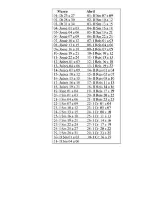 Março Abril
01- Dt 25 a 27 01- II Sm 07 a 09
02- Dt 28 a 30 02- II Sm 10 a 12
03- Dt 31 a 34 03- II Sm 13 a 15
04- Josué 01 a 03 04- II Sm 16 a 18
05- Josué 04 a 06 05- II Sm 19 a 21
06- Josué 07 a 09 06- II Sm 22 a 24
07- Josué 10 a 12 07- I Reis 01 a 03
08- Josué 13 a 15 08- I Reis 04 a 06
09- Josué 16 a 18 09- I Reis 07 a 09
10- Josué 19 a 21 10- I Reis 10 a 12
11- Josué 22 a 24 11- I Reis 13 a 15
12- Juízes 01 a 03 12- I Reis 16 a 18
13- Juízes 04 a 06 13- I Reis 19 a 22
14- Juízes 07 a 09 14- II Reis 01 a 04
15- Juízes 10 a 12 15- II Reis 05 a 07
16- Juízes 13 a 15 16- II Reis 08 a 10
17- Juízes 16 a 18 17- II Reis 11 a 13
18- Juízes 19 a 21 18- II Reis 14 a 16
19- Rute 01 a 04 19- II Reis 17 a 19
20- I Sm 01 a 03 20- II Reis 20 a 22
21- I Sm 04 a 06 21- II Reis 23 a 25
22- I Sm 07 a 09 22- I Cr 01 a 04
23- I Sm 10 a 12 23- I Cr 05 a 07
24- I Sm 13 a 15 24- I Cr 08 a 10
25- I Sm 16 a 18 25- I Cr 11 a 13
26- I Sm 19 a 21 26- I Cr 14 a 16
27- I Sm 22 a 24 27- I Cr 17 a 19
28- I Sm 25 a 27 28- I Cr 20 a 22
29- I Sm 28 a 31 29- I Cr 23 a 25
30- II Sm 01 a 03 30- I Cr 26 a 29
31- II Sm 04 a 06
 