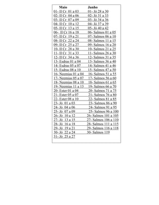 Maio Junho
01- II Cr 01 a 03 01- Jó 28 a 30
02- II Cr 04 a 06 02- Jó 31 a 33
03- II Cr 07 a 09 03- Jó 34 a 36
04- II Cr 10 a 12 04- Jó 37 a 39
05- II Cr 13 a 15 05- Jó 40 a 42
06- II Cr 16 a 18 06- Salmos 01 a 05
07- II Cr 19 a 21 07- Salmos 06 a 10
08- II Cr 22 a 24 08- Salmos 11 a 15
09- II Cr 25 a 27 09- Salmos 16 a 20
10- II Cr 28 a 30 10- Salmos 21 a 25
11- II Cr 31 a 33 11- Salmos 26 a 30
12- II Cr 34 a 36 12- Salmos 31 a 35
13- Esdras 01 a 04 13- Salmos 36 a 40
14- Esdras 05 a 07 14- Salmos 41 a 46
15- Esdras 08 a 10 15- Salmos 47 a 50
16- Neemias 01 a 04 16- Salmos 51 a 55
17- Neemias 05 a 07 17- Salmos 56 a 60
18- Neemias 08 a 10 18- Salmos 61 a 65
19- Neemias 11 a 13 19- Salmos 66 a 70
20- Ester 01 a 04 20- Salmos 71 a 75
21- Ester 05 a 07 21- Salmos 76 a 80
22- Ester 08 a 10 22- Salmos 81 a 85
23- Jó 01 a 03 23- Salmos 86 a 90
24- Jó 04 a 06 24- Salmos 91 a 95
25- Jó 07 a 09 25- Salmos 96 a 100
26- Jó 10 a 12 26- Salmos 101 a 105
27- Jó 13 a 15 27- Salmos 106 a 110
28- Jó 16 a 18 28- Salmos 111 a 115
29- Jó 19 a 21 29- Salmos 116 a 118
30- Jó 22 a 24 30- Salmos 119
31- Jó 25 a 27
 
