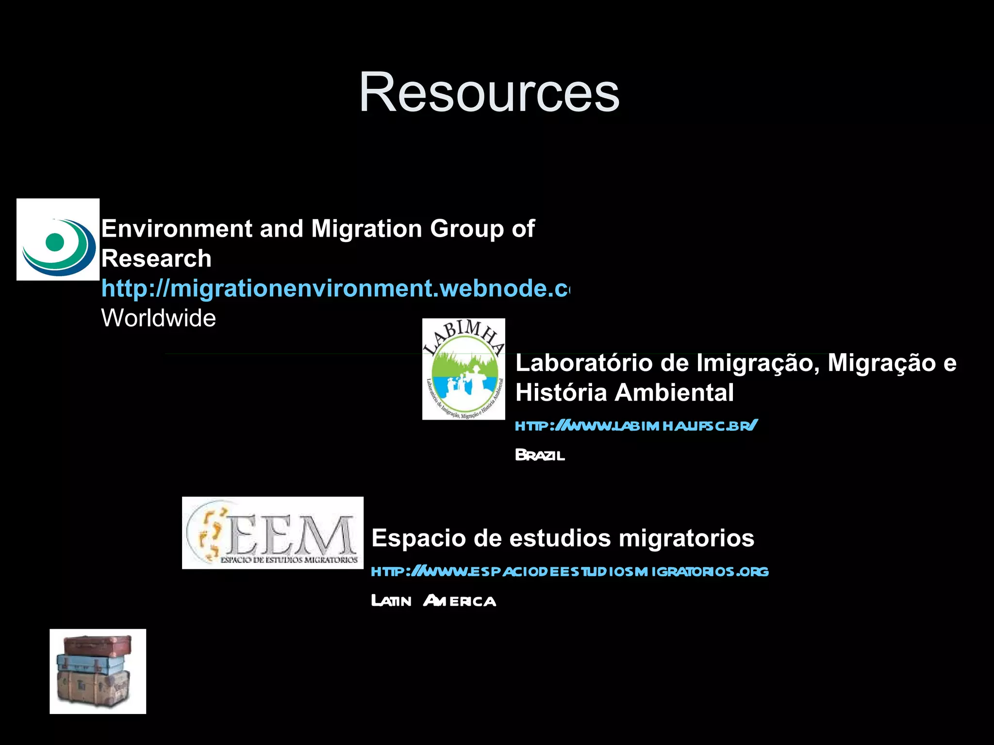 Resources  Environment and Migration Group of Research  http://migrationenvironment.webnode.com Worldwide  Laboratório de Imigração, Migração e  História Ambiental   http://www.labimha.ufsc.br/ Brazil Espacio de estudios migratorios  http://www.espaciodeestudiosmigratorios.org Latin America 