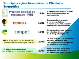 Principais ações brasileiras de Eficiência  Energética 1991 PROCEL 1985 Programa Brasileiro de Etiquetagem -  PBE 1984 PEE  – Programas de Eficiência das Concessionárias de Energia Elétrica 2000 Lei de Eficiência Energética (n o  10.295, de 17 de outubro de 2001) 2001 Etiquetas informativas quanto à eficiência energética de equipamentos Conservação de energia elétrica:  marketing , indústrias, prédios públicos, saneamento ambiental etc. Conservação de petróleo, gás e derivados: transportes, marketing, educação etc. Lei n o  9.991/00 – investimento de 0,5% da receita das concessionárias distribuidoras em eficiência energética Níveis mínimos de eficiência energética para máquinas, equipamentos e edificações 