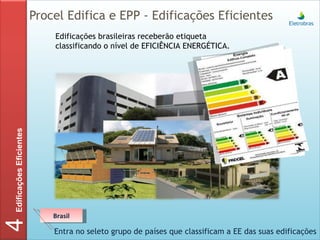 Procel Edifica e EPP - Edificações Eficientes 4 Edificações brasileiras receberão etiqueta classificando o nível de EFICIÊNCIA ENERGÉTICA. Entra no seleto grupo de países que classificam a EE das suas edificações Brasil Edificações Eficientes 