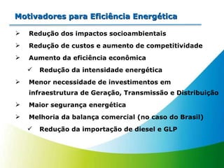 Motivadores para Eficiência Energética Redução dos impactos socioambientais Redução de custos e aumento de competitividade Aumento da eficiência econômica  Redução da intensidade energética Menor necessidade de investimentos em infraestrutura de Geração, Transmissão e Distribuição Maior segurança energética Melhoria da balança comercial (no caso do Brasil) Redução da importação de diesel e GLP 