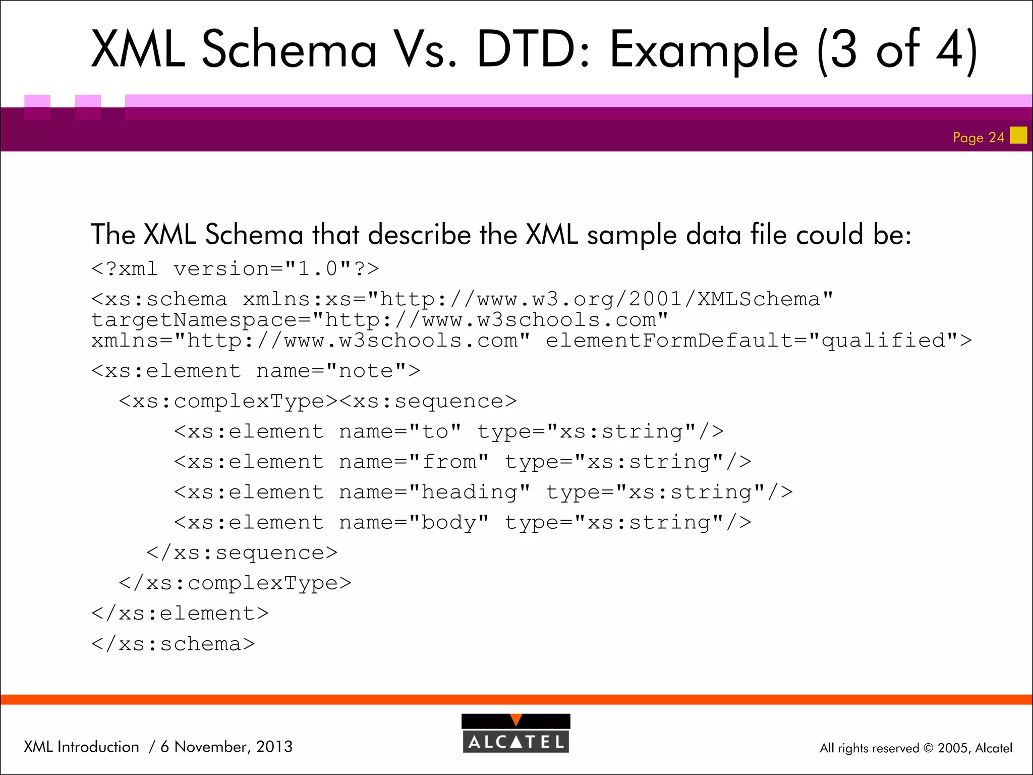 XML Schema Vs. DTD: Example (3 of 4)
Page 24

The XML Schema that describe the XML sample data file could be:
<?xml version="1.0"?>
<xs:schema xmlns:xs="http://www.w3.org/2001/XMLSchema"
targetNamespace="http://www.w3schools.com"
xmlns="http://www.w3schools.com" elementFormDefault="qualified">
<xs:element name="note">
<xs:complexType><xs:sequence>
<xs:element name="to" type="xs:string"/>
<xs:element name="from" type="xs:string"/>
<xs:element name="heading" type="xs:string"/>
<xs:element name="body" type="xs:string"/>
</xs:sequence>
</xs:complexType>
</xs:element>
</xs:schema>

XML Introduction / 6 November, 2013

All rights reserved © 2005, Alcatel

 