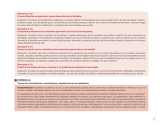 Descriptor A.1.2:
            Conoce diferentes perspectivas y nuevos desarrollos de su disciplina.
            Explicación: El profesor domina diferentes perspectivas o posturas respecto de las disciplinas que enseña, desde el punto de vista conceptual o práctico,
            pudiendo mostrar a sus estudiantes que el conocimiento es una empresa humana e histórica, por lo tanto en constante transformación. Conoce e integra
            los nuevos descubrimientos, redefiniciones o actualizaciones de las disciplinas que enseña.
            Descriptor A.1.3:
            Comprende la relación de los contenidos que enseña con los de otras disciplinas.
            Explicación: El profesor tiene la capacidad de dar ejemplos o generar aplicaciones de los contenidos que enseña en relación con otros subsectores de
            aprendizaje, exponiendo a los estudiantes a situaciones similares a las que se enfrentan al resolver un problema real. Conoce la relación de los conceptos
            centrales de la disciplina que enseña con otras disciplinas afines, generando puentes que permitan que los estudiantes puedan comprender un fenómeno
            desde diferentes puntos de vista.
            Descriptor A.1.4:
            Conoce la relación de los contenidos de los subsectores que enseña con la realidad.
            Explicación: El profesor sabe cómo conectar los contenidos de los subsectores que enseña con la vida de los estudiantes, con los contextos personales,
            sociales, culturales y laborales que ellos conocen y a los que accederán cuando egresen del proceso educativo. Sabe cómo hacer que la experiencia escolar
            desarrolle habilidades para manejar la información, recordarla, comprenderla y utilizarla. Reconoce que los estudiantes tienen que ser capaces de tener un
            nivel de comprensión, de relacionar unidades de conocimiento en contextos mayores a la realidad y en otros contextos.
            Descriptor A.1.5:
            Domina los principios del marco curricular y los énfasis de los subsectores que enseña.
            Explicación: El profesor conoce el concepto de aprendizaje que está a la base del marco curricular; el cual incluye conocimientos, habilidades, competencias
            y actitudes. Conoce las propuestas curriculares vigentes, y es capaz de identificar los énfasis y orientaciones generales de los subsectores que enseña.


            CRITERIO A.2:
            Conoce las características, conocimientos y experiencias de sus estudiantes.

            Fundamentación: El profesor no enseña en el vacío o sólo considerando aspectos teóricos sobre niños o jóvenes descritos en la literatura; muy por el
            contrario, enseña a estudiantes chilenos, que viven en localidades concretas, con características culturales y sociales particulares.
            Los estudiantes de cada curso o nivel de enseñanza tienen adicionalmente ciertas características de desarrollo intelectual, social y emocional. Los estudian-
            tes de primer ciclo básico están aprendiendo las habilidades referidas a la amistad y las relaciones entre pares. Los adolescentes están definiendo su
            identidad personal y eso implica que los grupos de pertenencia son fuertes, los símbolos que los identifican como parte de esos grupos les son de extrema
            importancia haciendo que busquen distinguirse y usen ropas, signos y un lenguaje particular. Desde el punto de vista cognitivo, los estudiantes de primer
            ciclo básico tendrán capacidades más limitadas de vocabulario, de tipos de lecturas, de intereses por conocer noticias, libros, cuentos; en cambio, los de
            Educación Media, estarán más preparados para leer y conocer temas más complejos y especializados, para discutir sobre la realidad nacional y mundial.




                                                                                                                                                                            17



libro.pmd                17                                                                               12/26/08, 4:54 PM
 