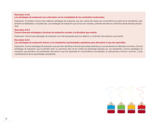 Descriptor A.5.2:
            Las estrategias de evaluación son coherentes con la complejidad de los contenidos involucrados.
            Explicación: El profesor conoce cómo elaborar estrategias de evaluación que den cuenta del manejo de conocimiento por parte de los estudiantes, pero
            también de habilidades y competencias. Las estrategias de evaluación que conoce son variadas y permiten abordar los contenidos desde diversas perspec-
            tivas.
            Descriptor A.5.3:
            Conoce diversas estrategias y técnicas de evaluación acordes a la disciplina que enseña.
            Explicación: Conoce qué estrategias de evaluación son más apropiadas para los objetivos y contenidos del subsector que enseña.
            Descriptor A.5.4:
            Las estrategias de evaluación ofrecen a los estudiantes oportunidades equitativas para demostrar lo que han aprendido.
            Explicación: Conoce estrategias de evaluación que permitan identificar el nivel de aprendizaje obtenido por sus estudiantes en diferentes momentos. Domina
            estrategias de evaluación que le permiten tener un panorama claro de los niveles de aprendizaje logrados por sus estudiantes. Conoce estrategias de
            evaluación que permiten a los estudiantes demostrar lo que han aprendido en conocimientos conceptuales, en aplicaciones a hechos o eventos, y otras
            manifestaciones de los aprendizajes estudiantiles.




    22



libro.pmd                    22                                                                             12/26/08, 4:54 PM
 
