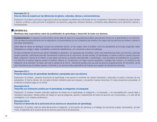 Descriptor B.1.4:
            Crea un clima de respeto por las diferencias de género, culturales, étnicas y socioeconómicas.
            Explicación: El profesor promueve y logra que los alumnos respeten las diferencias individuales de sus compañeros. Demuestra competencias para manejar
            y resolver conflictos y para promover la aceptación de opiniones, preguntas, intereses diversos y considerar estas diferencias como elementos valiosos y
            enriquecedores.

            CRITERIO B.2:
            Manifiesta altas expectativas sobre las posibilidades de aprendizaje y desarrollo de todos sus alumnos.

            Fundamentación: Un aspecto crucial al interior de las salas de clase es la capacidad del profesor para generar interés por el aprendizaje en sus alumnos.
            Esto se relaciona estrechamente con su disposición a comprometerse con los contenidos que enseña y con lograr que sus alumnos se motiven y valoren lo
            que están aprendiendo.
            Estas salas de clases se distinguen porque son ambientes activos, en los cuales, tanto el profesor como los estudiantes se formulan preguntas, están
            interesados en indagar y llegar a resultados y productos satisfactorios y en comunicar a otros sus hallazgos.
            En estos ambientes los alumnos se sienten desafiados a aprender y son apoyados por el profesor, quien cree realmente que todos sus alumnos y alumnas
            pueden aprender y esforzarse para ello, favoreciendo el ejercicio de su autonomía. De esta manera, los estudiantes no temen al ridículo cuando proponen
            ideas, preguntas o temas de su interés, ya que saben que ese es un espacio para aprender y cuestionarse, y que el profesor se interesará por sus aportes.
            Los alumnos se sienten seguros porque el profesor refuerza su compromiso con lograr buenos resultados y trabajos bien hechos y no enfatiza la sola
            realización de la actividad o la tarea, sino que la calidad de la misma, ofreciendo ayudas para que ésta se alcance progresivamente. En tal sentido, es de
            gran importancia que el profesor genere y transmita a sus alumnos altas expectativas de manera que superen las situaciones adversas.

            Descriptor B.2.1:
            Presenta situaciones de aprendizaje desafiantes y apropiadas para sus alumnos.
            Explicación: El profesor presenta situaciones de aprendizaje o les expone el contenido de manera interesante y adecuada a la edad e intereses de sus
            estudiantes. Al mismo tiempo, les concede el tiempo suficiente para que busquen y encuentren buenas soluciones. En estas situaciones propuestas, el
            contenido a enseñar juega un rol central.
            Descriptor B.2.2:
            Transmite una motivación positiva por el aprendizaje, la indagación y la búsqueda.
            Explicación: El profesor muestra actitudes explícitas de interés por el aprendizaje, la indagación y la búsqueda y de autosatisfacción cuando llega a
            resultados adecuados. Genera estilos de trabajo en que las preguntas, aportes y experiencias de todos los alumnos son incorporados, y no sólo las de
            aventajados o con mejores rendimientos.
            Descriptor B.2.3:
            Favorece el desarrollo de la autonomía de los alumnos en situaciones de aprendizaje.
            Explicación: El profesor estimula sistemáticamente la indagación, la formulación de opiniones y el hallazgo de soluciones propias, favoreciendo, de este
            modo, el desarrollo de la autonomía de los alumnos para la toma de decisiones.

    24



libro.pmd                    24                                                                             12/26/08, 4:54 PM
 