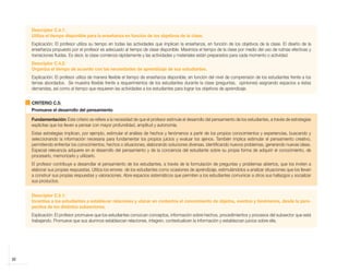 Descriptor C.4.1:
            Utiliza el tiempo disponible para la enseñanza en función de los objetivos de la clase.
            Explicación: El profesor utiliza su tiempo en todas las actividades que implican la enseñanza, en función de los objetivos de la clase. El diseño de la
            enseñanza propuesto por el profesor es adecuado al tiempo de clase disponible. Maximiza el tiempo de la clase por medio del uso de rutinas efectivas y
            transiciones fluidas. Es decir, la clase comienza rápidamente y las actividades y materiales están preparados para cada momento o actividad.
            Descriptor C.4.2:
            Organiza el tiempo de acuerdo con las necesidades de aprendizaje de sus estudiantes.
            Explicación: El profesor utiliza de manera flexible el tiempo de enseñanza disponible, en función del nivel de comprensión de los estudiantes frente a los
            temas abordados. Se muestra flexible frente a requerimientos de los estudiantes durante la clase (preguntas, opiniones) asignando espacios a éstas
            demandas, así como al tiempo que requieren las actividades a los estudiantes para lograr los objetivos de aprendizaje.


            CRITERIO C.5:
            Promueve el desarrollo del pensamiento

            Fundamentación: Este criterio se refiere a la necesidad de que el profesor estimule el desarrollo del pensamiento de los estudiantes, a través de estrategias
            explícitas que los lleven a pensar con mayor profundidad, amplitud y autonomía.
            Estas estrategias implican, por ejemplo, estimular el análisis de hechos y fenómenos a partir de los propios conocimientos y experiencias, buscando y
            seleccionando la información necesaria para fundamentar los propios juicios y evaluar los ajenos. También implica estimular el pensamiento creativo,
            permitiendo enfrentar los conocimientos, hechos o situaciones, elaborando soluciones diversas, identificando nuevos problemas, generando nuevas ideas.
            Especial relevancia adquiere en el desarrollo del pensamiento y de la conciencia del estudiante sobre su propia forma de adquirir el conocimiento, de
            procesarlo, memorizarlo y utilizarlo.
            El profesor contribuye a desarrollar el pensamiento de los estudiantes, a través de la formulación de preguntas y problemas abiertos, que los inviten a
            elaborar sus propias respuestas. Utiliza los errores de los estudiantes como ocasiones de aprendizaje, estimulándolos a analizar situaciones que los lleven
            a construir sus propias respuestas y valoraciones. Abre espacios sistemáticos que permiten a los estudiantes comunicar a otros sus hallazgos y socializar
            sus productos.


            Descriptor C.5.1:
            Incentiva a los estudiantes a establecer relaciones y ubicar en contextos el conocimiento de objetos, eventos y fenómenos, desde la pers-
            pectiva de los distintos subsectores.
            Explicación: El profesor promueve que los estudiantes conozcan conceptos, información sobre hechos, procedimientos y procesos del subsector que está
            trabajando. Promueve que sus alumnos establezcan relaciones, integren, contextualicen la información y establezcan juicios sobre ella.




    30



libro.pmd                    30                                                                              12/26/08, 4:54 PM
 