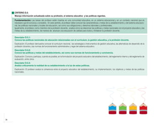 CRITERIO D.5:
            Maneja información actualizada sobre su profesión, el sistema educativo y las políticas vigentes.

            Fundamentación: Las tareas del profesor están insertas en una comunidad educativa, en un sistema educacional y en un contexto nacional que es
            necesario que él conozca y considere. En este sentido, el profesor debe conocer las características y metas de su establecimiento y del sistema educacio-
            nal, las políticas nacionales y locales de educación, así como sus obligaciones y derechos laborales y profesionales.
            Igualmente, el profesor, como miembro de la profesión docente, analiza cómo se relacionan las políticas y metas nacionales con el proyecto educativo y las
            metas de su establecimiento, de manera de alcanzar una educación de calidad para todos y fortalecer la profesión docente.


            Descriptor D.5.1:
            Conoce las políticas nacionales de educación relacionadas con el currículum, la gestión educativa, y la profesión docente.
            Explicación: El profesor demuestra conocer el currículum nacional, las estrategias e instrumentos de gestión educativa, las alternativas de desarrollo de la
            profesión docente y las normas de funcionamiento administrativo y legal del sistema educativo.
            Descriptor D.5.2:
            Conoce las políticas y metas del establecimiento, así como sus normas de funcionamiento y convivencia.
            Explicación: Conoce y participa, cuando es posible, en la formulación del proyecto educativo del establecimiento, del reglamento interno y del reglamento de
            evaluación, entre otros.
            Descriptor D.5.3:
            Analiza críticamente la realidad de su establecimiento a la luz de estas políticas.
            Explicación: El profesor evalúa la coherencia entre el proyecto educativo del establecimiento, su implementación, los objetivos y metas de las políticas
            nacionales.




    36



libro.pmd                    36                                                                              12/26/08, 4:54 PM
 