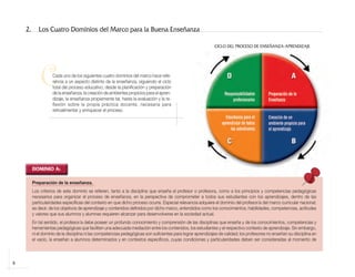 2.      Los Cuatro Dominios del Marco para la Buena Enseñanza

                                                                                                                       CICLO DEL PROCESO DE ENSEÑANZA-APRENDIZAJE




                     C      Cada uno de los siguientes cuatro dominios del marco hace refe-
                            rencia a un aspecto distinto de la enseñanza, siguiendo el ciclo
                            total del proceso educativo, desde la planificación y preparación
                            de la enseñanza, la creación de ambientes propicios para el apren-
                            dizaje, la enseñanza propiamente tal, hasta la evaluación y la re-
                            flexión sobre la propia práctica docente, necesaria para
                            retroalimentar y enriquecer el proceso.




                 DOMINIO A:

                 Preparación de la enseñanza.
                 Los criterios de este dominio se refieren, tanto a la disciplina que enseña el profesor o profesora, como a los principios y competencias pedagógicas
                 necesarios para organizar el proceso de enseñanza, en la perspectiva de comprometer a todos sus estudiantes con los aprendizajes, dentro de las
                 particularidades específicas del contexto en que dicho proceso ocurre. Especial relevancia adquiere el dominio del profesor/a del marco curricular nacional;
                 es decir, de los objetivos de aprendizaje y contenidos definidos por dicho marco, entendidos como los conocimientos, habilidades, competencias, actitudes
                 y valores que sus alumnos y alumnas requieren alcanzar para desenvolverse en la sociedad actual.
                 En tal sentido, el profesor/a debe poseer un profundo conocimiento y comprensión de las disciplinas que enseña y de los conocimientos, competencias y
                 herramientas pedagógicas que faciliten una adecuada mediación entre los contenidos, los estudiantes y el respectivo contexto de aprendizaje. Sin embargo,
                 ni el dominio de la disciplina ni las competencias pedagógicas son suficientes para lograr aprendizajes de calidad; los profesores no enseñan su disciplina en
                 el vacío, la enseñan a alumnos determinados y en contextos específicos, cuyas condiciones y particularidades deben ser consideradas al momento de



     8



libro.pmd                         8                                                                                12/26/08, 4:54 PM
 
