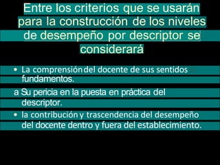 Entre los criterios que se usarán
para la construcción de los niveles
de desempeño por descriptor se
considerará
• La comprensióndel docente de sus sentidos o
fundamentos.
a Su pericia en la puesta en práctica del
descriptor.
• la contribución y trascendencia del desempeño
del docente dentro y fuera del establecimiento.
 