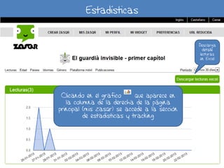 Estadísticas
Clicando en el grafico que aparece en
la columna de la derecha de la página
principal (mis zasqr) se accede a la sección
de estadísticas y tracking
Descarga
detalle
lecturas
en Excel
 