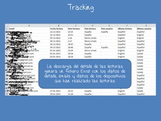 Tracking
La descarga del detalle de las lecturas
genera un fichero Excel con los datos de
detalle, emails y datos de los dispositivos
que han realizado las lecturas
 