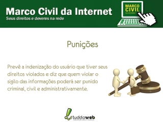 Punições

Prevê a indenização do usuário que tiver seus
direitos violados e diz que quem violar o
sigilo das informações poderá ser punido
criminal, civil e administrativamente.
 