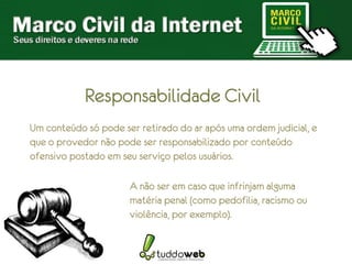 Responsabilidade Civil
Um conteúdo só pode ser retirado do ar após uma ordem judicial, e
que o provedor não pode ser responsabilizado por conteúdo
ofensivo postado em seu serviço pelos usuários.

                      A não ser em caso que infrinjam alguma
                      matéria penal (como pedofilia, racismo ou
                      violência, por exemplo).
 