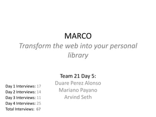 MARCO
Transform the web into your personal
library

Day 1 Interviews: 17
Day 2 Interviews: 14
Day 3 Interviews: 11
Day 4 Interviews: 25
Total Interviews: 67

Team 21 Day 5:
Duare Perez Alonso
Mariano Payano
Arvind Seth

 
