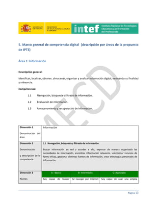  
 
 
 
Página 13 
 
5. Marco general de competencia digital  (descripción por áreas de la propuesta 
de IPTS) 
 
Área 1: Información  
 
Descripción general:  
Identificar, localizar, obtener, almacenar, organizar y analizar información digital, evaluando su finalidad 
y relevancia. 
Competencias:    
1.1   Navegación, búsqueda y filtrado de información.  
1.2  Evaluación de información. 
1.3  Almacenamiento y recuperación de información. 
 
 
Dimensión 1 
Denominación  del 
área 
Información 
Dimensión 2 
Denominación 
y descripción  de la 
competencia 
1.1  Navegación, búsqueda y filtrado de información.
Buscar  información  en  red  y  acceder  a  ella,  expresar  de  manera  organizada  las 
necesidades  de  información,  encontrar  información  relevante,  seleccionar  recursos  de 
forma eficaz, gestionar distintas fuentes de información, crear estrategias personales de 
información. 
 
Dimensión 3 
Niveles 
A ‐ Básico  B‐ Intermedio C‐ Avanzado 
Soy  capaz  de  buscar Sé  navegar  por  Internet  Soy  capaz  de  usar  una  amplia 
 