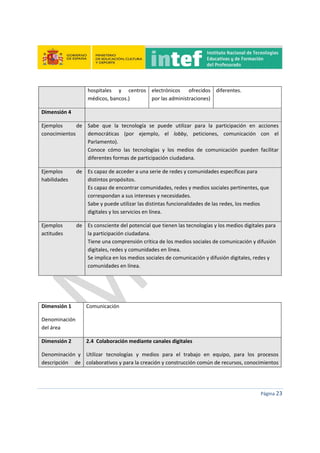  
 
 
 
Página 23 
 
hospitales  y  centros 
médicos, bancos.) 
electrónicos  ofrecidos 
por las administraciones) 
diferentes.  
Dimensión 4   
Ejemplos  de 
conocimientos 
Sabe  que  la  tecnología  se  puede  utilizar  para  la  participación  en  acciones 
democráticas  (por  ejemplo,  el  lobby,  peticiones,  comunicación  con  el 
Parlamento). 
Conoce  cómo  las  tecnologías  y  los  medios  de  comunicación  pueden  facilitar 
diferentes formas de participación ciudadana. 
Ejemplos  de 
habilidades 
Es capaz de acceder a una serie de redes y comunidades específicas para 
distintos propósitos. 
Es capaz de encontrar comunidades, redes y medios sociales pertinentes, que 
correspondan a sus intereses y necesidades. 
Sabe y puede utilizar las distintas funcionalidades de las redes, los medios 
digitales y los servicios en línea. 
Ejemplos  de 
actitudes 
Es consciente del potencial que tienen las tecnologías y los medios digitales para 
la participación ciudadana. 
Tiene una comprensión crítica de los medios sociales de comunicación y difusión 
digitales, redes y comunidades en línea. 
Se implica en los medios sociales de comunicación y difusión digitales, redes y 
comunidades en línea. 
 
 
Dimensión 1 
Denominación 
del área 
Comunicación 
Dimensión 2 
Denominación  y 
descripción  de 
2.4  Colaboración mediante canales digitales 
Utilizar  tecnologías  y  medios  para  el  trabajo  en  equipo,  para  los  procesos 
colaborativos y para la creación y construcción común de recursos, conocimientos 
 