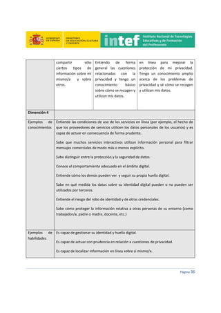  
 
 
 
Página 36 
 
compartir  sólo 
ciertos  tipos  de 
información sobre mí 
mismo/a    y  sobre 
otros. 
 
 
Entiendo  de  forma 
general  las  cuestiones 
relacionadas  con  la 
privacidad  y  tengo  un 
conocimiento  básico 
sobre cómo se recogen y 
utilizan mis datos. 
en  línea  para  mejorar  la 
protección  de  mi  privacidad. 
Tengo  un  conocimiento  amplio 
acerca  de  los  problemas  de 
privacidad y sé cómo se recogen 
y utilizan mis datos. 
 
Dimensión 4   
Ejemplos  de 
conocimientos 
Entiende las condiciones de uso de los servicios en línea (por ejemplo, el hecho de 
que los proveedores de servicios utilicen los datos personales de los usuarios) y es 
capaz de actuar en consecuencia de forma prudente. 
Sabe  que  muchos  servicios  interactivos  utilizan  información  personal  para  filtrar 
mensajes comerciales de modo más o menos explícito. 
Sabe distinguir entre la protección y la seguridad de datos. 
Conoce el comportamiento adecuado en el ámbito digital. 
Entiende cómo los demás pueden ver  y seguir su propia huella digital. 
Sabe en qué medida los datos sobre su identidad digital pueden o no pueden ser 
utilizados por terceros. 
Entiende el riesgo del robo de identidad y de otras credenciales. 
Sabe cómo proteger la información relativa a otras personas de su entorno (como 
trabajador/a, padre o madre, docente, etc.) 
 
Ejemplos  de 
habilidades 
Es capaz de gestionar su identidad y huella digital. 
Es capaz de actuar con prudencia en relación a cuestiones de privacidad. 
Es capaz de localizar información en línea sobre sí mismo/a. 
 