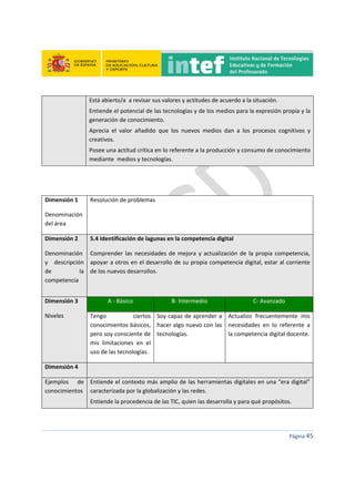  
 
 
 
Página 45 
 
Está abierto/a  a revisar sus valores y actitudes de acuerdo a la situación. 
Entiende el potencial de las tecnologías y de los medios para la expresión propia y la 
generación de conocimiento. 
Aprecia  el  valor  añadido  que  los  nuevos  medios  dan  a  los  procesos  cognitivos  y 
creativos. 
Posee una actitud crítica en lo referente a la producción y consumo de conocimiento 
mediante  medios y tecnologías. 
 
 
Dimensión 1 
Denominación 
del área 
Resolución de problemas 
Dimensión 2 
Denominación 
y  descripción 
de  la 
competencia 
5.4 Identificación de lagunas en la competencia digital 
Comprender las necesidades de mejora y actualización de la propia competencia, 
apoyar a otros en el desarrollo de su propia competencia digital, estar al corriente 
de los nuevos desarrollos. 
 
Dimensión 3 
Niveles 
A ‐ Básico  B‐ Intermedio  C‐ Avanzado 
Tengo  ciertos 
conocimientos básicos, 
pero soy consciente de 
mis  limitaciones  en  el 
uso de las tecnologías.  
Soy capaz de aprender a 
hacer algo nuevo con las 
tecnologías.  
Actualizo  frecuentemente  mis 
necesidades  en  lo  referente  a 
la competencia digital docente. 
Dimensión 4   
Ejemplos  de 
conocimientos 
Entiende el contexto más amplio de las herramientas digitales en una “era digital” 
caracterizada por la globalización y las redes. 
Entiende la procedencia de las TIC, quien las desarrolla y para qué propósitos. 
 