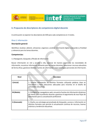  
 
 
 
Página 47 
 
6. Propuesta de descriptores de competencia digital docente 
 
A continuación se exponen los descriptores de CDD para cada competencia en 3 niveles. 
Área 1: Información 
Descripción general: 
Identificar, localizar, obtener, almacenar, organizar y analizar información digital, evaluando su finalidad 
y relevancia para las tareas docentes. 
Competencias:                                                    
1.1 Navegación, búsqueda y filtrado de información 
Buscar  información  en  red  y  acceder  a  ella,  expresar  de  manera  organizada  las  necesidades  de 
información, encontrar información relevante para las tareas docentes, seleccionar recursos educativos 
de forma eficaz, gestionar distintas fuentes de información, crear estrategias personales de información. 
 
Nivel  Descriptor 
I (Inicial)  1.  Localiza  información  en  distintos  formatos  utilizando  palabras  clave  en 
buscadores  y  hace  selecciones  adecuadas  para  incluirlas  en  el  diseño  de 
actividades educativas. 
M (Medio)  2. Configura los navegadores web, encuentra fuentes de información dinámicas 
de interés para la profesión docente y gestiona el seguimiento de esos flujos de 
información para su actualización profesional. 
A (Avanzado)  3. Diseña una estrategia personalizada de búsqueda y acceso a información en 
distintos formatos que permite la actualización continua de recursos, buenas 
prácticas y tendencias educativas. 
 
 