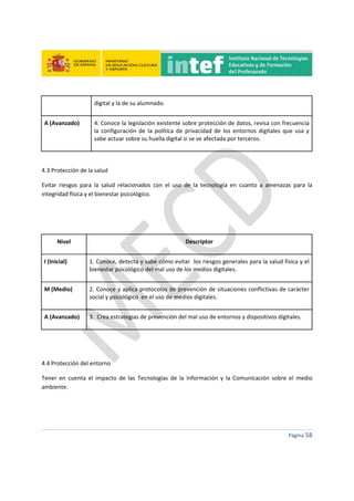  
 
 
 
Página 58 
 
digital y la de su alumnado. 
A (Avanzado)  4. Conoce la legislación existente sobre protección de datos, revisa con frecuencia 
la  configuración  de  la  política  de  privacidad  de  los  entornos  digitales  que  usa  y 
sabe actuar sobre su huella digital si se ve afectada por terceros. 
 
4.3 Protección de la salud 
Evitar  riesgos  para  la  salud  relacionados  con  el  uso  de  la  tecnología  en  cuanto  a  amenazas  para  la 
integridad física y el bienestar psicológico. 
 
 
Nivel  Descriptor 
I (Inicial)  1. Conoce, detecta y sabe cómo evitar  los riesgos generales para la salud física y el 
bienestar psicológico del mal uso de los medios digitales. 
M (Medio)  2. Conoce y aplica protocolos de prevención de situaciones conflictivas de carácter 
social y psicológico  en el uso de medios digitales. 
A (Avanzado)  3.  Crea estrategias de prevención del mal uso de entornos y dispositivos digitales. 
 
 
4.4 Protección del entorno 
Tener  en  cuenta  el  impacto  de  las  Tecnologías  de  la  Información  y  la  Comunicación  sobre  el  medio 
ambiente. 
 
 