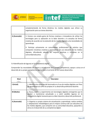  
 
 
 
Página 62 
 
complementando  de  forma  dinámica  los  medios  digitales  que  ofrece  su 
organización para sus tareas docentes. 
A (Avanzado)  3.  Conoce  una  amplia  gama  de  formas  creativas  e  innovadoras  de  utilizar  las 
tecnologías  para  su  aplicación  en  la  labor  docente  y  la  actualiza  de  forma 
creativa de acuerdo con la evolución de los medios digitales y las necesidades de 
aprendizaje. 
4.  Participa  activamente  en  comunidades  profesionales  de  práctica  que 
comparten iniciativas creativas e innovadoras de uso educativo de los medios 
digitales,  difundiendo  además  las  mejores  prácticas  e  iniciativas  en  la 
comunidad educativa. 
 
5.4 Identificación de lagunas en la competencia digital 
Comprender las necesidades de mejora y actualización de la propia competencia, apoyar a otros en el 
desarrollo de su propia competencia digital, estar al corriente de los nuevos desarrollos. 
 
Nivel  Descriptor 
I (Inicial)  1. Identifica las carencias del alumnado en el uso de medios digitales con fines 
de aprendizaje así como las propias en su desarrollo profesional docente. 
M (Medio)  2. Busca, explora y experimenta con tecnologías digitales emergentes que le 
ayudan  a  mantenerse  actualizado  y  a  cubrir  posibles  lagunas  en  la 
competencia digital necesaria para su labor docente y desarrollo profesional.  
A (Avanzado)  3. Organiza su propio sistema de actualización y aprendizaje, realiza cambios 
y adaptaciones metodológicas para la mejora continua del uso educativo de 
los medios digitales, que comparte con su comunidad educativa, apoyando a 
otros en el desarrollo de su competencia digital. 
 