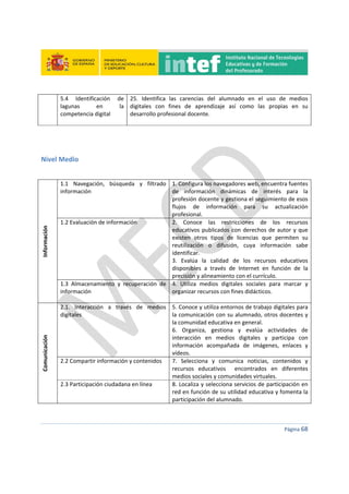  
 
 
 
Página 68 
 
5.4  Identificación  de 
lagunas  en  la 
competencia digital 
 
25.  Identifica  las  carencias  del  alumnado  en  el  uso  de  medios 
digitales  con  fines  de  aprendizaje  así  como  las  propias  en  su 
desarrollo profesional docente. 
 
 
Nivel Medio 
 
Información 
1.1  Navegación,  búsqueda  y  filtrado 
información 
1. Configura los navegadores web, encuentra fuentes 
de  información  dinámicas  de  interés  para  la 
profesión docente y gestiona el seguimiento de esos 
flujos  de  información  para  su  actualización 
profesional. 
1.2 Evaluación de información  2.  Conoce  las  restricciones  de  los  recursos 
educativos publicados con derechos de autor y que 
existen  otros  tipos  de  licencias  que  permiten  su 
reutilización  o  difusión,  cuya  información  sabe 
identificar. 
3.  Evalúa  la  calidad  de  los  recursos  educativos 
disponibles  a  través  de  Internet  en  función  de  la 
precisión y alineamiento con el currículo. 
1.3  Almacenamiento  y  recuperación  de 
información 
 
4.  Utiliza  medios  digitales  sociales  para  marcar  y 
organizar recursos con fines didácticos. 
Comunicación 
2.1.  Interacción  a  través  de  medios 
digitales 
 
5. Conoce y utiliza entornos de trabajo digitales para 
la comunicación con su alumnado, otros docentes y 
la comunidad educativa en general. 
6.  Organiza,  gestiona  y  evalúa  actividades  de 
interacción  en  medios  digitales  y  participa  con 
información  acompañada  de  imágenes,  enlaces  y 
vídeos. 
2.2 Compartir información y contenidos 
 
7.  Selecciona  y  comunica  noticias,  contenidos  y 
recursos  educativos    encontrados  en  diferentes 
medios sociales y comunidades virtuales. 
2.3 Participación ciudadana en línea 
 
8. Localiza y selecciona servicios de participación en 
red en función de su utilidad educativa y fomenta la 
participación del alumnado. 
 