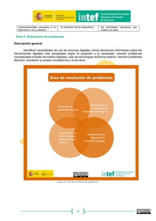 40
Área 4. Seguridad
Descripción general:
Protección de información y datos personales, protección de la identidad digital, de los
contenidos digitales, medidas de seguridad, uso responsable y seguro.
Figura 7 - Área de seguridad.
Competencias:
4.1. Protección de dispositivos
Proteger los dispositivos y los contenidos digitales propios, comprender los riesgos y amenazas
en red y conocer medidas de protección y seguridad.
 