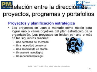 Relación entre la dirección de
proyectos, programas y portafolios
 Proyectos y planificación estratégica
 • Los proyectos se usan a menudo como medio para
   lograr uno o varios objetivos del plan estratégico de la
   organización. Los proyectos se inician por una o más
   de las siguientes razones:
    –   Una demanda del mercado
    –   Una necesidad comercial
    –   Una solicitud de un cliente
    –   Un avance tecnológico
    –   Un requerimiento legal.


                  MBA CARLOS ACUÑA, PMP, PMI-SP, PMI-RMP
                                                           11
 