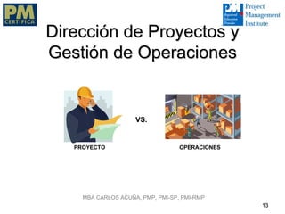 Dirección de Proyectos y
Gestión de Operaciones


                     VS.


   PROYECTO                        OPERACIONES




     MBA CARLOS ACUÑA, PMP, PMI-SP, PMI-RMP
                                                 13
 