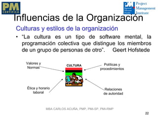 Influencias de la Organización
Culturas y estilos de la organización
• “La cultura es un tipo de software mental, la
  programación colectiva que distingue los miembros
  de un grupo de personas de otro”. Geert Hofstede

   Valores y                                    Políticas y
                           CULTURA
   Normas                                     procedimientos




    Ética y horario                              Relaciones
        laboral                                 de autoridad



                MBA CARLOS ACUÑA, PMP, PMI-SP, PMI-RMP
                                                               22
 
