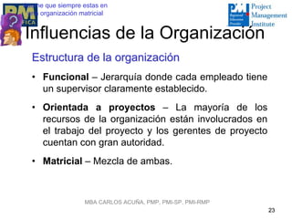 Asume que siempre estas en
 una organización matricial


Influencias de la Organización
  Estructura de la organización
  • Funcional – Jerarquía donde cada empleado tiene
    un supervisor claramente establecido.
  • Orientada a proyectos – La mayoría de los
    recursos de la organización están involucrados en
    el trabajo del proyecto y los gerentes de proyecto
    cuentan con gran autoridad.
  • Matricial – Mezcla de ambas.



                   MBA CARLOS ACUÑA, PMP, PMI-SP, PMI-RMP
                                                            23
 