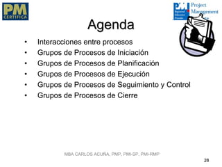 Agenda
•   Interacciones entre procesos
•   Grupos de Procesos de Iniciación
•   Grupos de Procesos de Planificación
•   Grupos de Procesos de Ejecución
•   Grupos de Procesos de Seguimiento y Control
•   Grupos de Procesos de Cierre




           MBA CARLOS ACUÑA, PMP, PMI-SP, PMI-RMP
                                                    28
 