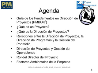 Agenda
•   Guía de los Fundamentos en Dirección de
                          ®
    Proyectos (PMBOK )
•   ¿Qué es un Proyecto?
•   ¿Qué es la Dirección de Proyectos?
•   Relaciones entre la Dirección de Proyectos, la
    Dirección de Programas y la Gestión del
    Portafolio
•   Dirección de Proyectos y Gestión de
    Operaciones
•   Rol del Director del Proyecto
•   Factores Ambientales de la Empresa
            MBA CARLOS ACUÑA, PMP, PMI-SP, PMI-RMP
                                                     3
 