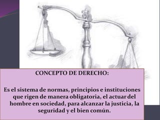 CONCEPTO DE DERECHO:
Es el sistema de normas, principios e instituciones
que rigen de manera obligatoria, el actuardel
hombre en sociedad, para alcanzar la justicia, la
seguridad y el bien común.
 
