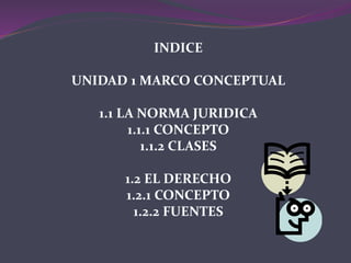 INDICE
UNIDAD 1 MARCO CONCEPTUAL
1.1 LA NORMA JURIDICA
1.1.1 CONCEPTO
1.1.2 CLASES
1.2 EL DERECHO
1.2.1 CONCEPTO
1.2.2 FUENTES
 