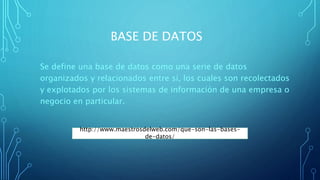 BASE DE DATOS
Se define una base de datos como una serie de datos
organizados y relacionados entre sí, los cuales son recolectados
y explotados por los sistemas de información de una empresa o
negocio en particular.
http://www.maestrosdelweb.com/que-son-las-bases-
de-datos/
 