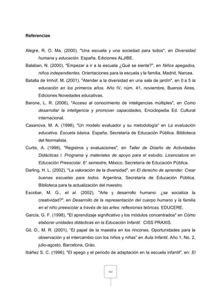 161
Referencias
Alegre, R. O. Ma. (2000). "Una escuela y una sociedad para todos", en Diversidad
humana y educación. España. Ediciones ALJIBE.
Balaban, N. (2000), "Empezar a ir a la escuela ¿Qué se siente?", en Niños apegados,
niños independientes. Orientaciones para la escuela y la familia, Madrid, Narcea.
Batalla de Imhof, M. (2001), "Atender a la diversidad en una sala de jardín", en 0 a 5 la
educación en los primeros años. Año IV, núm. 41, noviembre, Buenos Aires,
Ediciones Novedades educativas.
Barone, L. R. (2006), "Acceso al conocimiento de inteligencias múltiples", en Como
desarrollar la inteligencia y promover capacidades, Enciclopedia Ed. Cultural
internacional.
Casanova, M. A. (1998), "Un modelo evaluador y su metodología" en La evaluación
educativa. Escuela básica. España, Secretaría de Educación Pública. Biblioteca
del Normalista.
Curtis, A. (1998), "Registros y evaluaciones", en Taller de Diseño de Actividades
Didácticas l. Programa y materiales de apoyo para el estudio. Licenciatura en
Educación Preescolar. 6° semestre, México, Secretaría de Educación Pública.
Darling, H. L. (2002), "La valoración de la diversidad", en El derecho de aprender. Crear
buenas escuelas para todos. Argentina, Secretaría de Educación Pública.
Biblioteca para la actualización del maestro.
Escobar, M. G., et al. (2002), "Arte y desarrollo humano: ¿se socializa la
creatividad?", en Desarrollo de la representación del cuerpo humano y la familia
en el niño preescolar a través de las artes: reflexiones teóricas. EDUCERE.
García, G. F. (1998), "El aprendizaje significativo y los módulos concentrados" en Cómo
elaborar unidades didácticas en la Educación Infantil. CISS PRAXIS.
Gil, O., M. R. (2001), “El papel de la maestra en los rincones. Oportunidades para la
observación y el intercambio con los niños y niñas” en Aula Infantil, Año 1, No. 2,
julio-agosto, Barcelona, Gráo.
Ibáñez S, C. (1996), "El apego y el periodo de adaptación en la escuela infantil", en: El
 